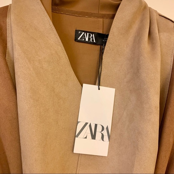 ZARA Brown Tan Faux Suede Patchwork Jacket Trench Coat - Picture 8 of 15
